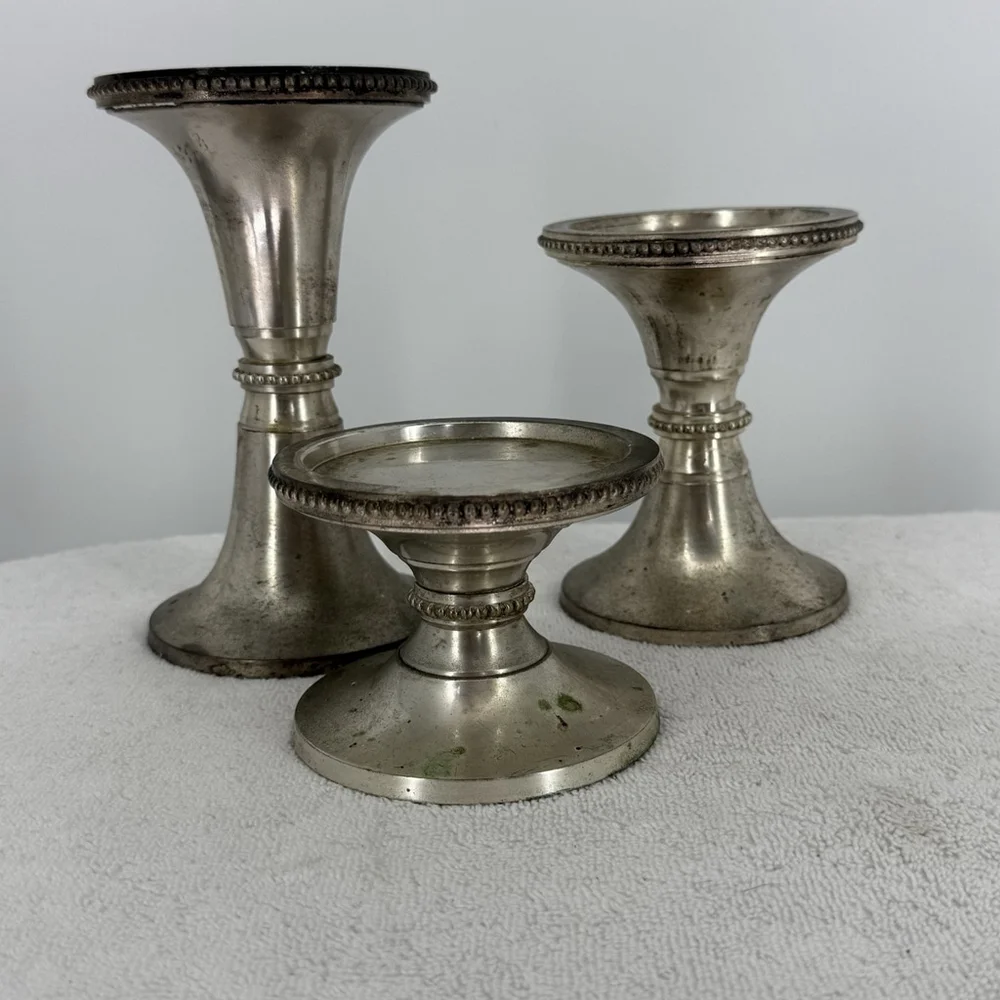 Pottery Barn Silver Plate Rope Twist Candlesticks Set Of (3) Patina